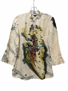 Citron Women's XS 100% Silk Peacock Floral Vintage Button Down Shirt made USA B8